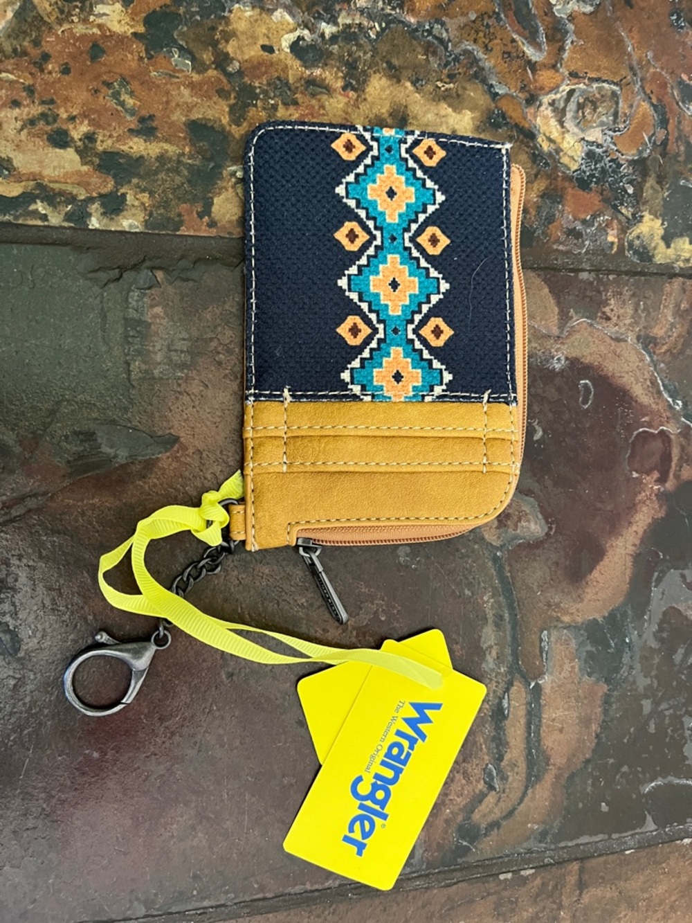 Wrangler Navy & Mustard Southwestern Zip Card Wallet NWT